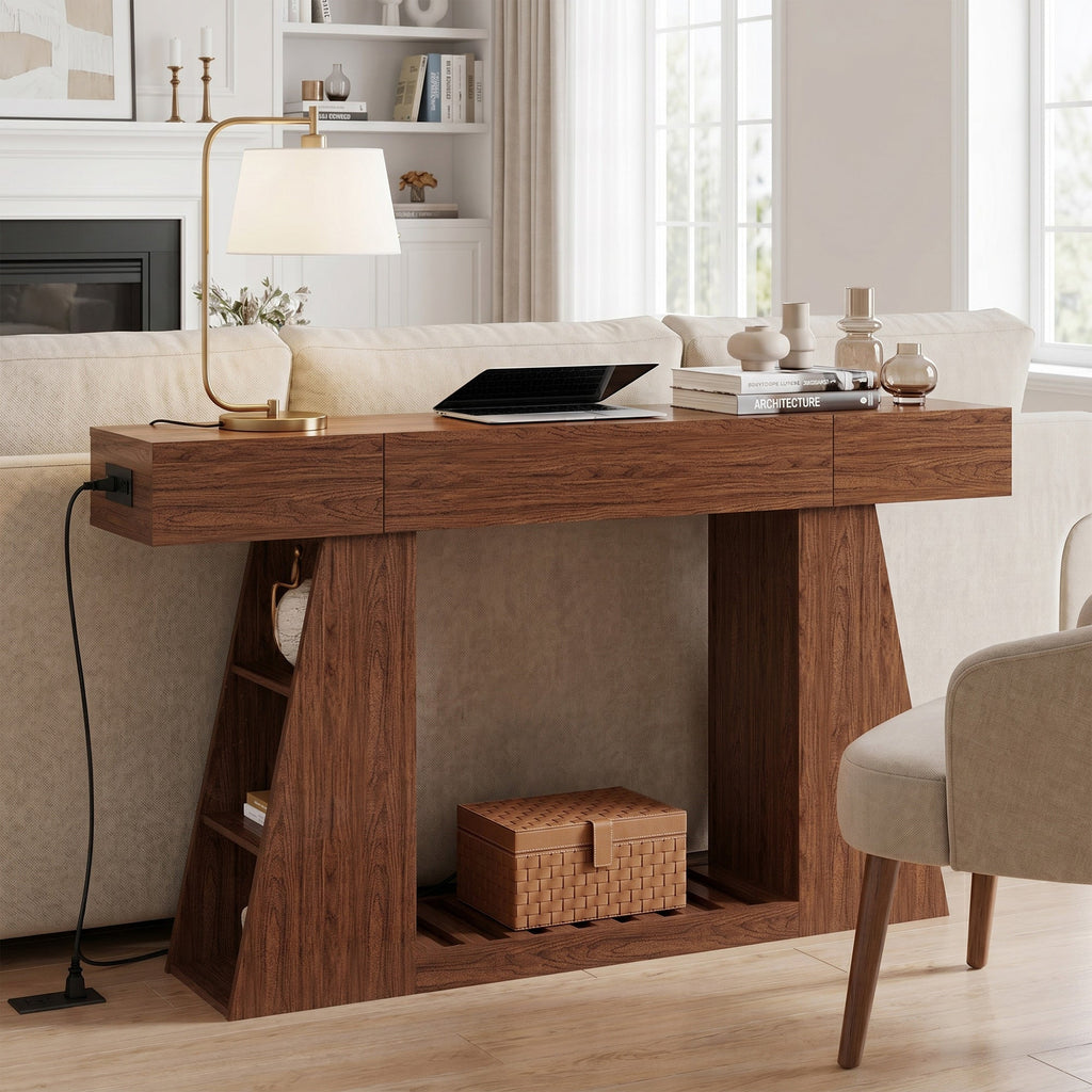 60 Inch Narrow Console Table with Built-in Power Outlet - Natural Wood Brown