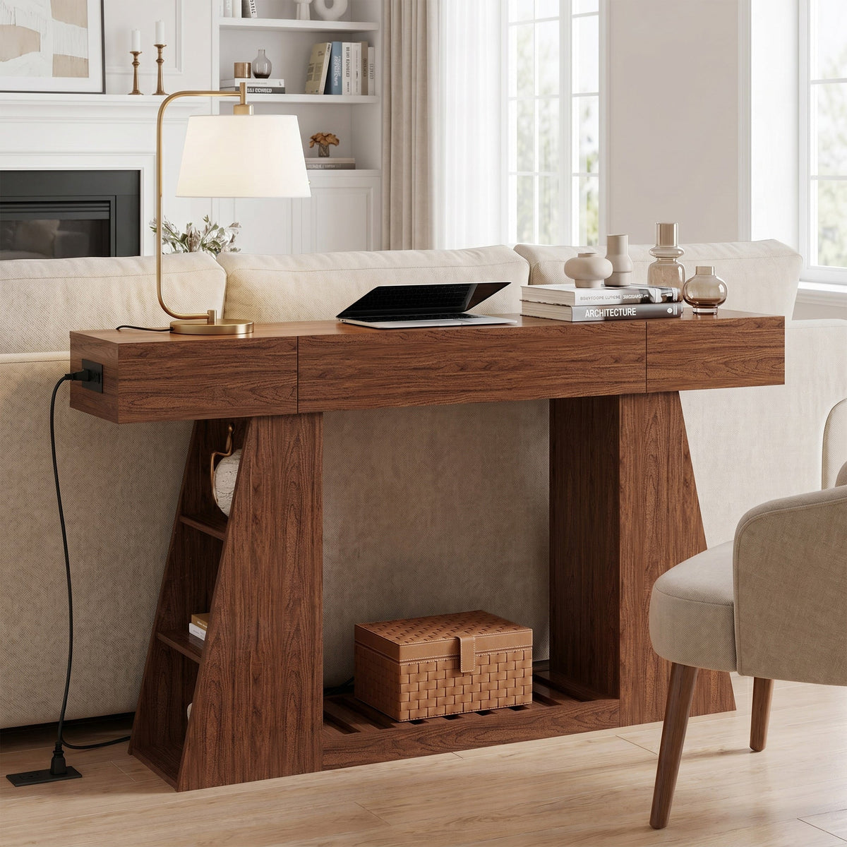 60 Inch Narrow Console Table with Built-in Power Outlet - Natural Wood Brown