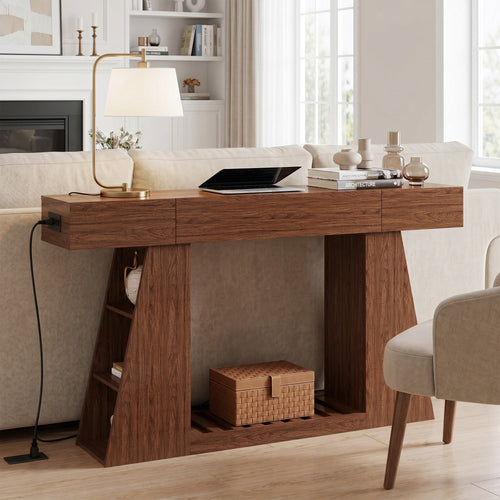 60 Inch Narrow Console Table with Built-in Power Outlet - Natural Wood Brown