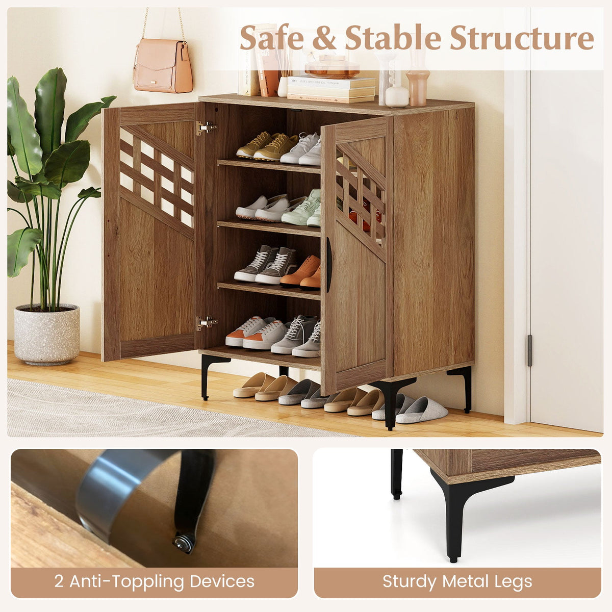 4 Tier Farmhouse Shoe Storage Cabinet with Removable Shelves and Metal Legs