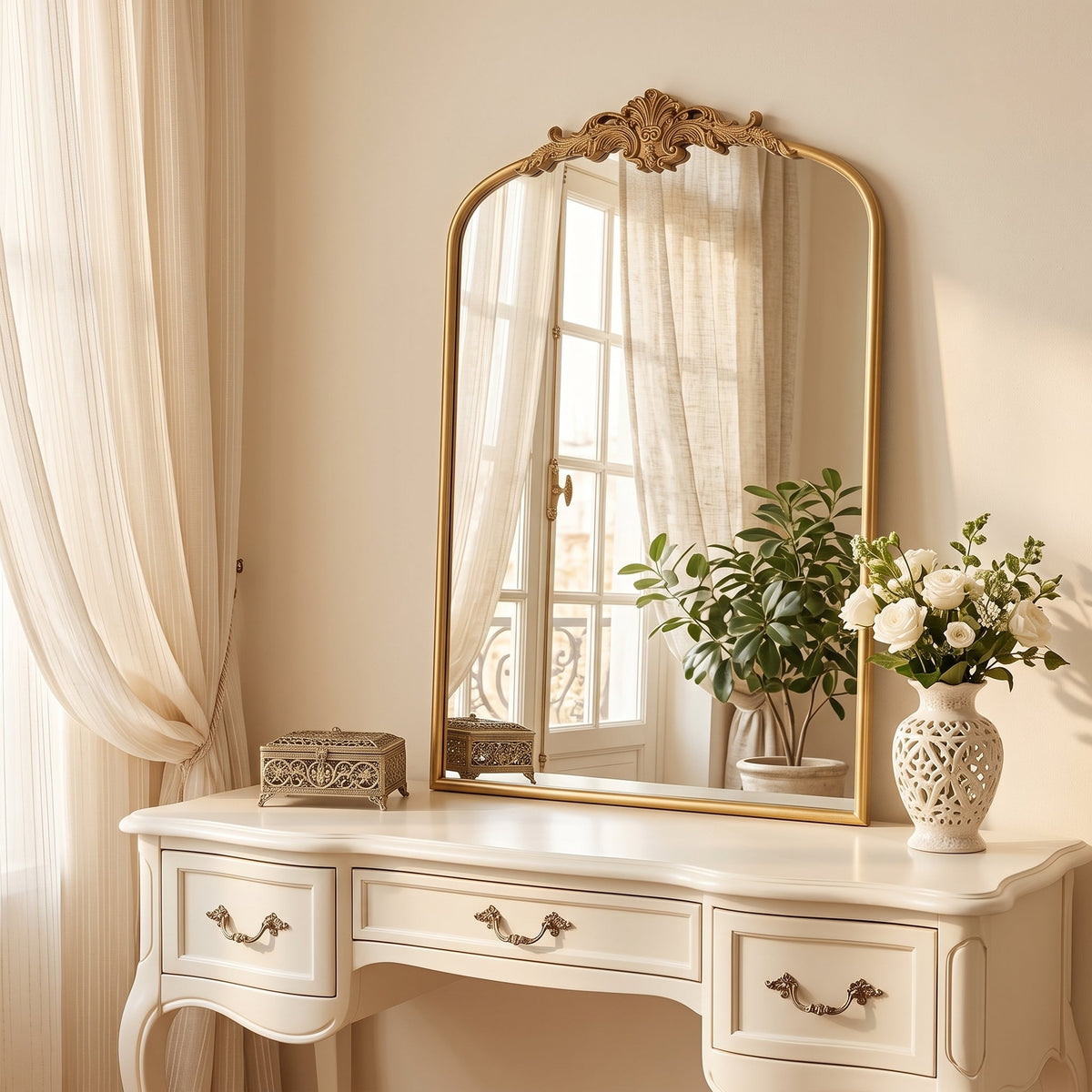 French Arched Wall Mirror – Glass & Iron