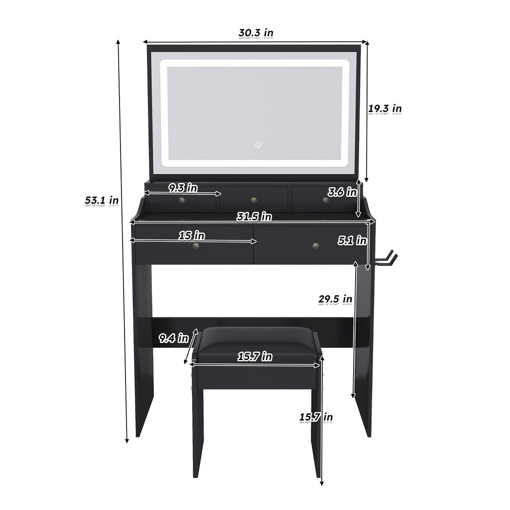 Modern Makeup Vanity Set with Power Outlet and Adjustable Lighting - Black or White