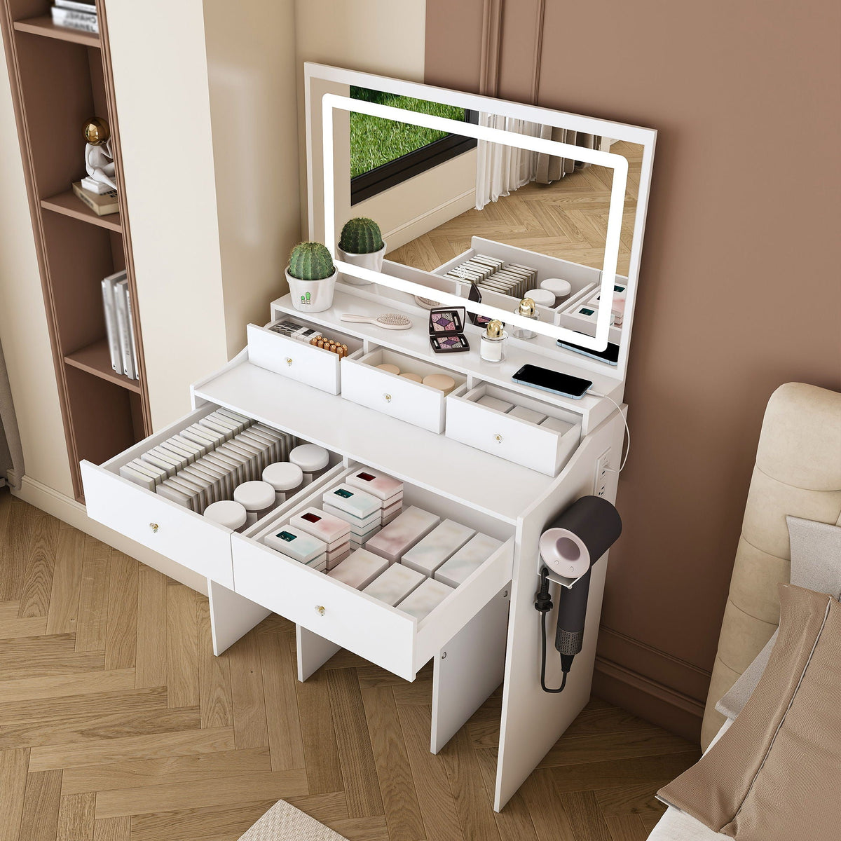 Modern Makeup Vanity Set with Power Outlet and Adjustable Lighting - Black or White