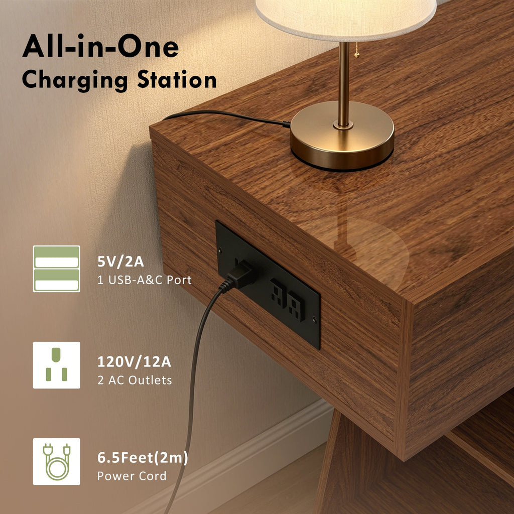 60 Inch Narrow Console Table with Built-in Power Outlet - Natural Wood Brown