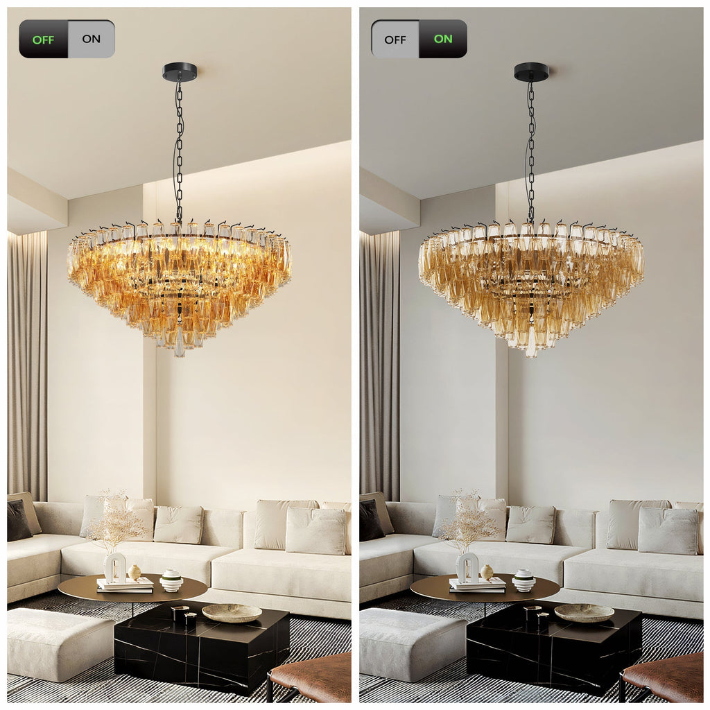 Modern Round 14-Light Black Chandelier with Smoke Glass Tubes