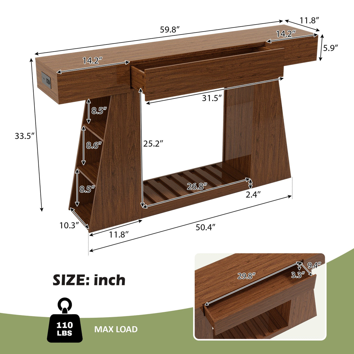 60 Inch Narrow Console Table with Built-in Power Outlet - Natural Wood Brown