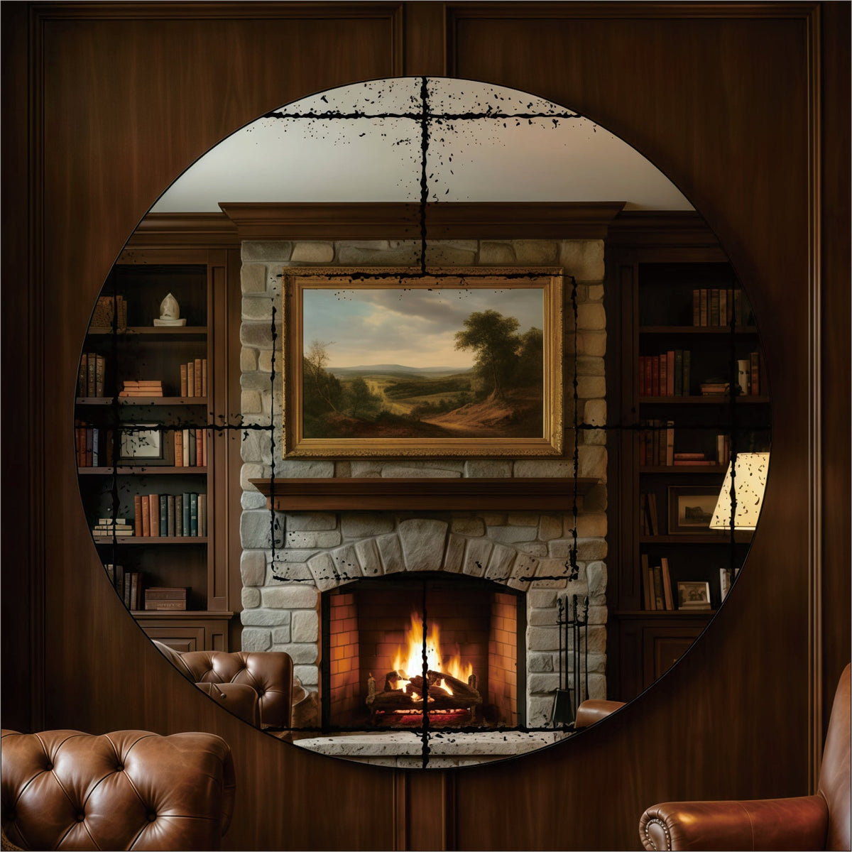 Round Wall-Mounted Mirror with Vintage Industrial Frame - Black Iron