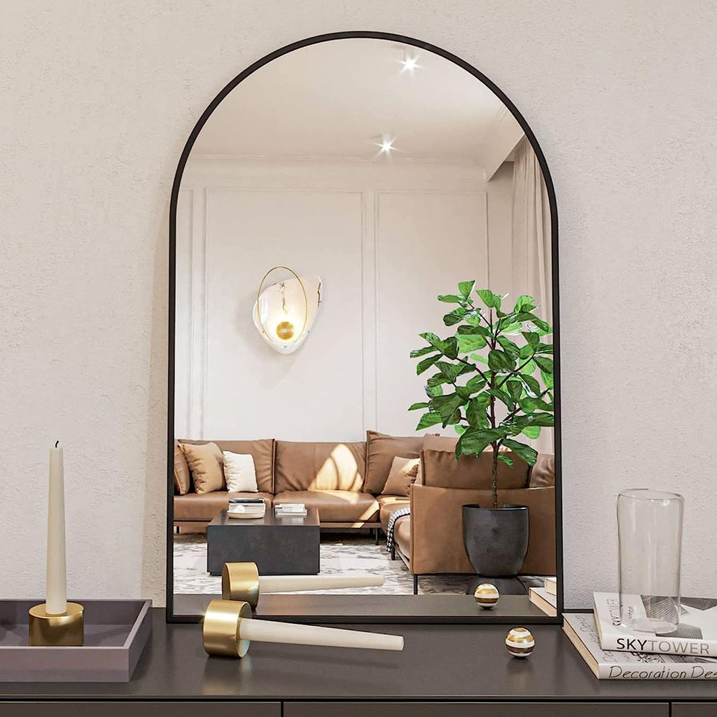 24x36 Inch Arched Bathroom Mirror with Black Metal Frame - Black