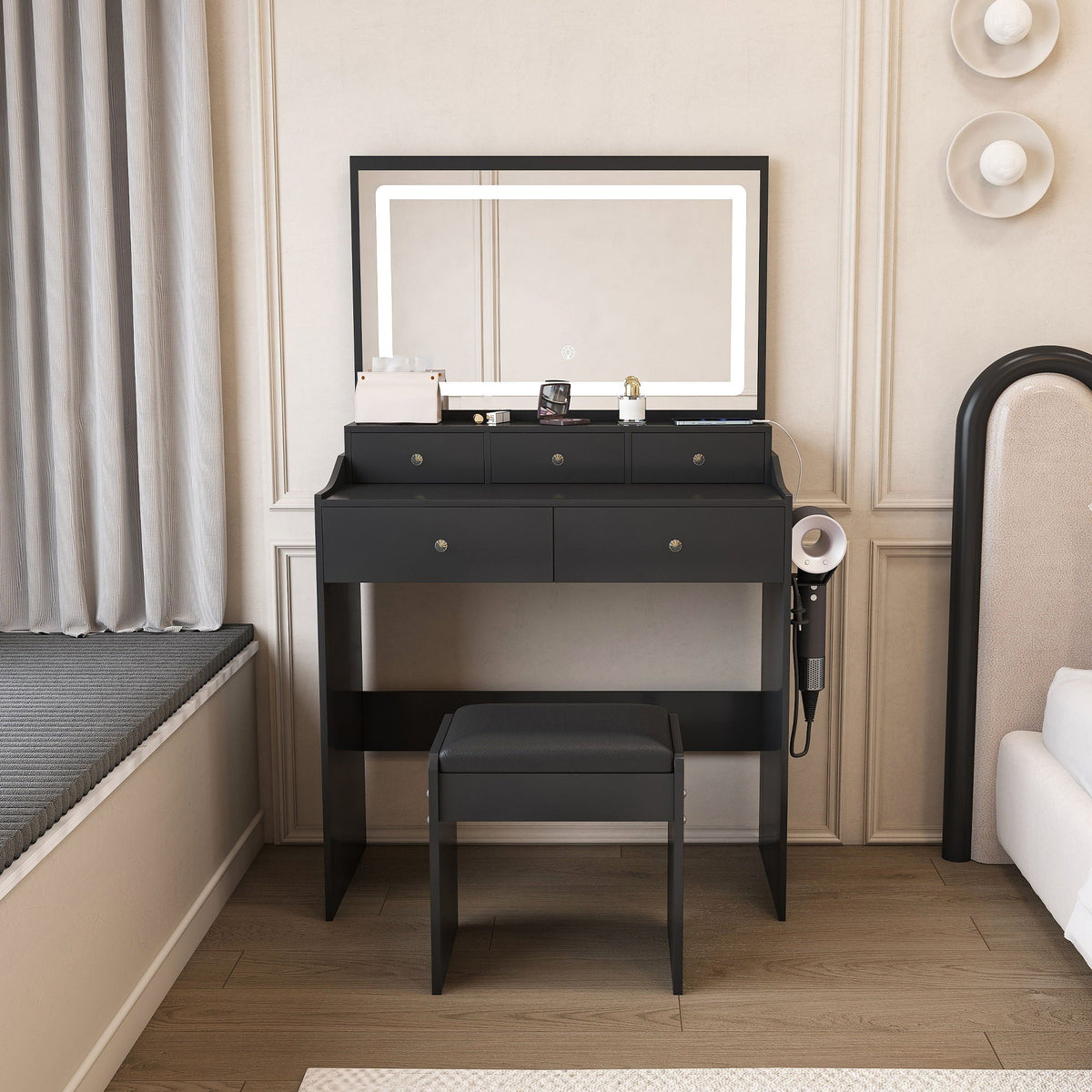Modern Makeup Vanity Set with Power Outlet and Adjustable Lighting - Black or White